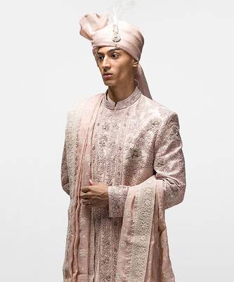 Salmon pink dori work sherwani set 4