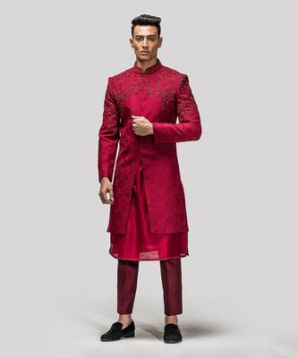 Red thread embroidered sherwani set 1
