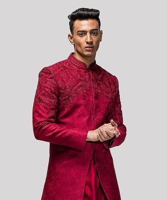 Red thread embroidered sherwani set 2