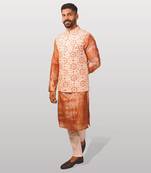 Ivory - orange resham embroidery jaal on bundi with tie-dye kurta set