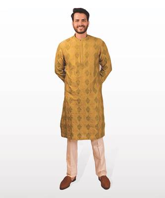 Olive green chanderi silk embroidered kurta 1