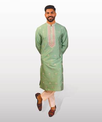 Mint green silk embroidered kurta   1