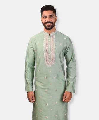 Mint green silk embroidered kurta   2