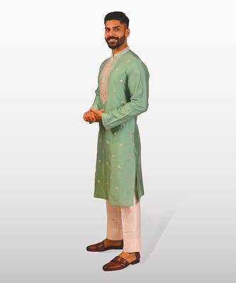 Mint green silk embroidered kurta   3