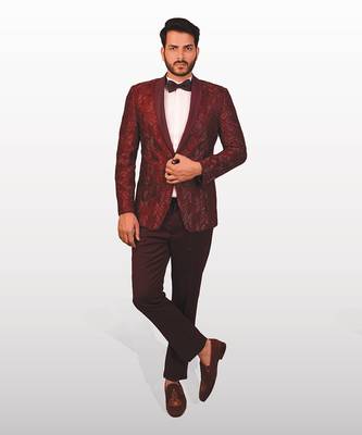 Maroon herringbone resham and hand embroidered tuxedo 1