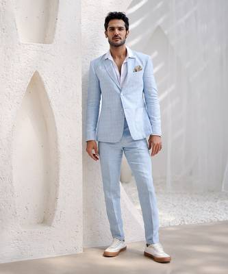 Powder blue windowpane check blazer set 1