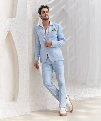 Powder blue windowpane check blazer set 2