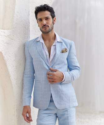Powder blue windowpane check blazer set 4