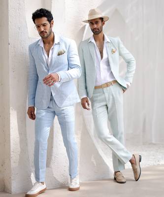 Powder blue windowpane check blazer set 5