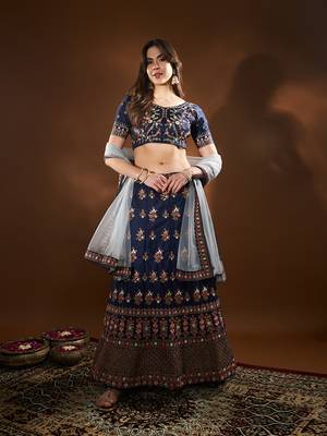 Blue Embroidered Semi Stitched Zari Work And Multi Color Thread Work Lehenga Choli 1