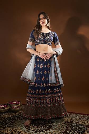 Blue Embroidered Semi Stitched Zari Work And Multi Color Thread Work Lehenga Choli