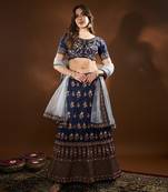 Blue Embroidered Semi Stitched Zari Work And Multi Color Thread Work Lehenga Choli
