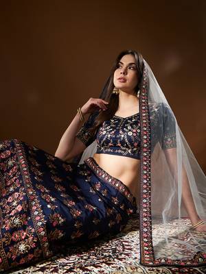 Blue Embroidered Semi Stitched Zari Work And Multi Color Thread Work Lehenga Choli 2