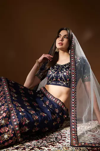 Blue Embroidered Semi Stitched Zari Work And Multi Color Thread Work Lehenga Choli