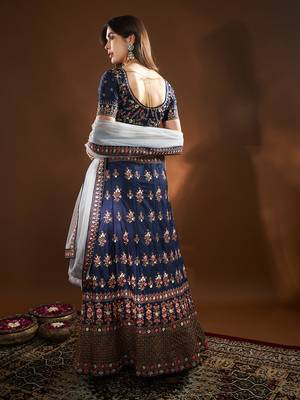 Blue Embroidered Semi Stitched Zari Work And Multi Color Thread Work Lehenga Choli 3