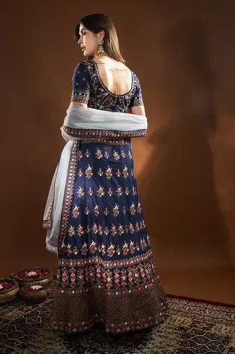 Blue Embroidered Semi Stitched Zari Work And Multi Color Thread Work Lehenga Choli