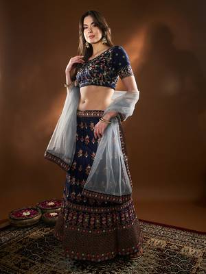 Blue Embroidered Semi Stitched Zari Work And Multi Color Thread Work Lehenga Choli 4