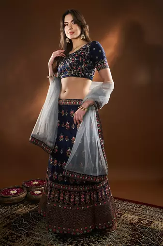 Blue Embroidered Semi Stitched Zari Work And Multi Color Thread Work Lehenga Choli