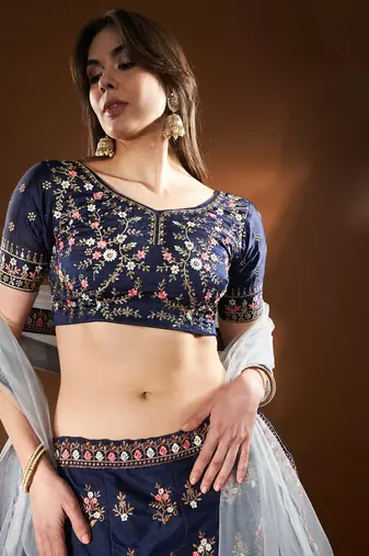 Blue Embroidered Semi Stitched Zari Work And Multi Color Thread Work Lehenga Choli