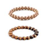 brown & gold beads & light gold pearl stretchable Combo bracelet for women (set of  2)