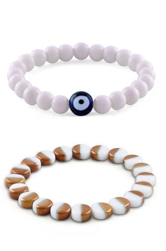 white beads with evil eye handmade stretchable Combo bracelet for women (set of 2)