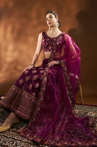 Purple Embroidered Semi Stitched Zari Work And Thread Work Lehenga Choli