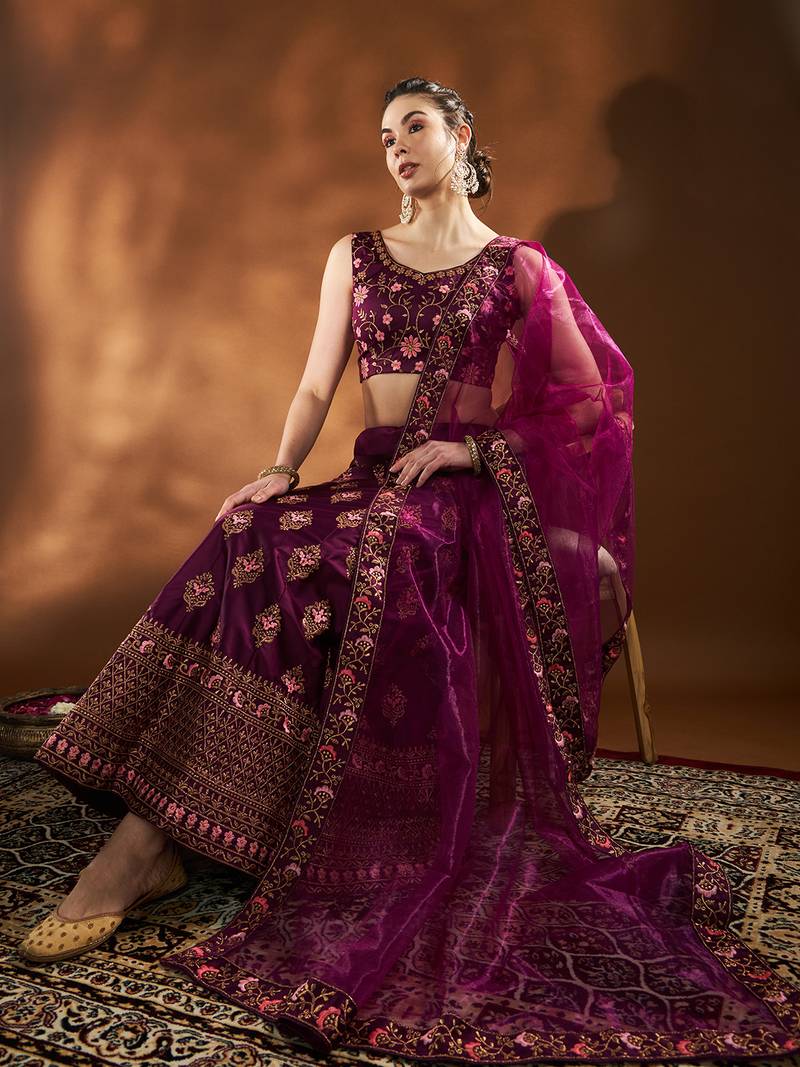 Purple Embroidered Semi Stitched Zari Work And Thread Work Lehenga Choli