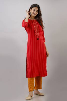 Red embroidered, kantha work rayon stitched  straight kurta with pant set 1