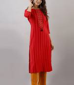 Red embroidered, kantha work rayon stitched  straight kurta with pant set