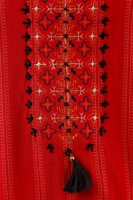 Red embroidered, kantha work rayon stitched  straight kurta with pant set 3