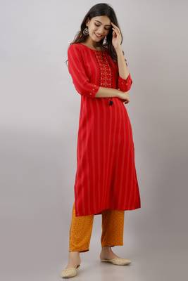Red embroidered, kantha work rayon stitched  straight kurta with pant set 4