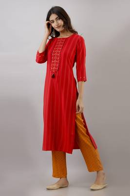 Red embroidered, kantha work rayon stitched  straight kurta with pant set 5