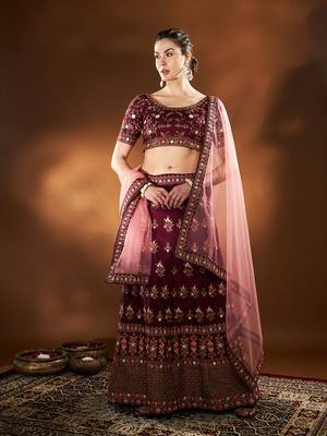	Purple Embroidered Semi Stitched Zari Work And Multi Color Thread Work Lehenga Choli 1