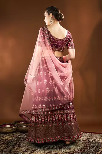 	Purple Embroidered Semi Stitched Zari Work And Multi Color Thread Work Lehenga Choli