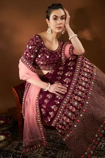	Purple Embroidered Semi Stitched Zari Work And Multi Color Thread Work Lehenga Choli