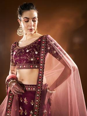 	Purple Embroidered Semi Stitched Zari Work And Multi Color Thread Work Lehenga Choli 4