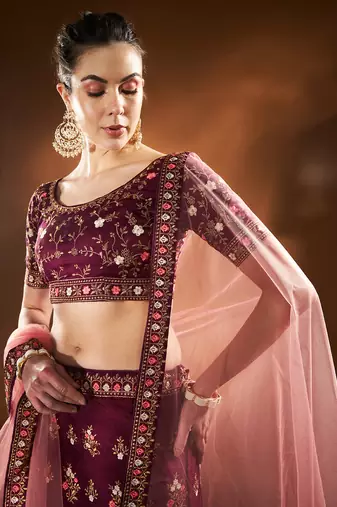 	Purple Embroidered Semi Stitched Zari Work And Multi Color Thread Work Lehenga Choli