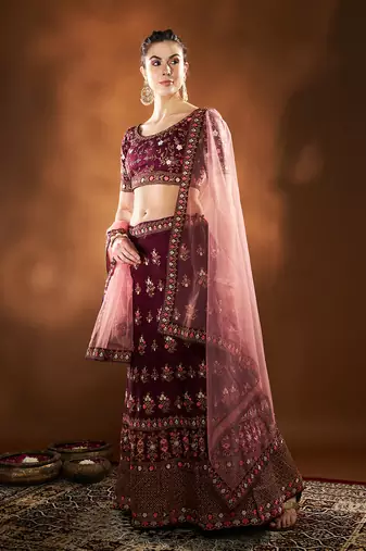 	Purple Embroidered Semi Stitched Zari Work And Multi Color Thread Work Lehenga Choli