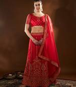 Red Embroidered Semi Stitched Zari Work And Thread Work Lehenga Choli