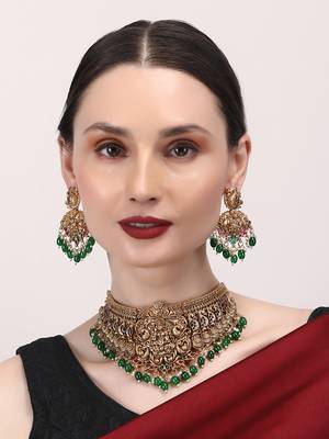 Gold plated green beads temple chowker set 1