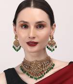 Gold plated green beads temple chowker set