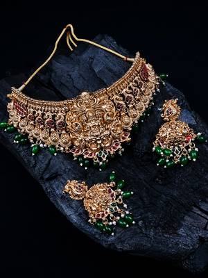 Gold plated green beads temple chowker set 2
