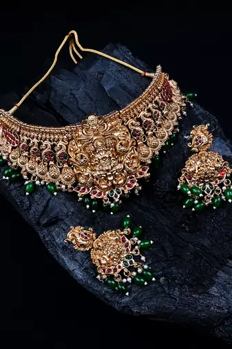 Gold plated green beads temple chowker set
