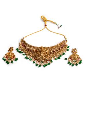 Gold plated green beads temple chowker set 3