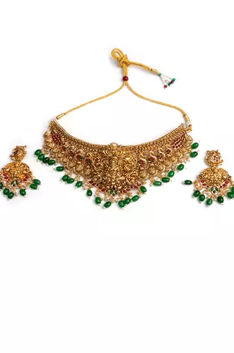 Gold plated green beads temple chowker set