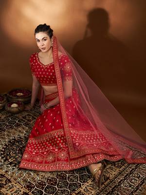 Red Embroidered Semi Stitched Zari Work And Thread Work Lehenga Choli 1