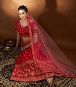 Red Embroidered Semi Stitched Zari Work And Thread Work Lehenga Choli