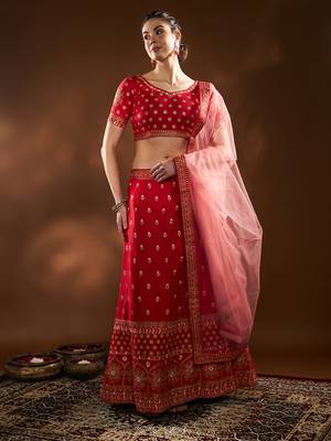 Red Embroidered Semi Stitched Zari Work And Thread Work Lehenga Choli 2