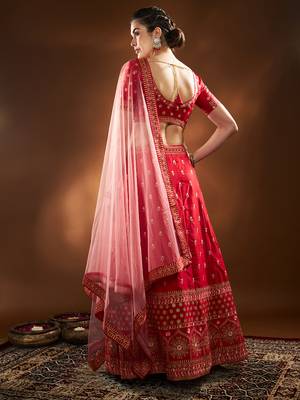 Red Embroidered Semi Stitched Zari Work And Thread Work Lehenga Choli 3