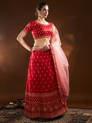 Red Embroidered Semi Stitched Zari Work And Thread Work Lehenga Choli 4
